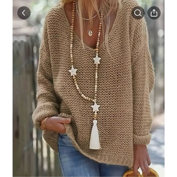 Oversized V Neck Tan Taupe Knit Sweater - Picture 2 of 10